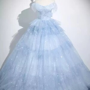 Fancy Ball Gown Prom Dress Light Sky Blue Princess Prom Dresses Tulle with Sequins Floor Length Party Dress Real Picture