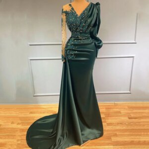 Green Luxury Diamond V-Neck Long Sleeves Mermaid Satin Evening Dress Women’s Lace Applique Party Dress Prom Dresses Customized