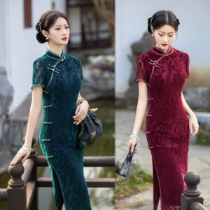 Retro National Style Middle-Aged and Elderly Women plus Size Long Cheongsam Qi Pao Summer New Elastic Etched-out Velvet Wedding