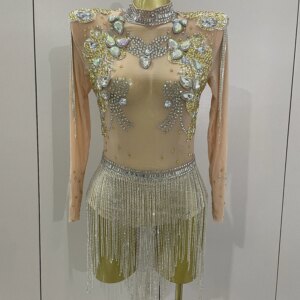 2025 New Fashion Shiny Rhinestone Tassel Bodysuit Sexy Mesh Diamond Stage Show Jumpsuits Women Nightclub Birthday Party Dress