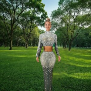 Sparkling rhinestone top long skirt sexy transparent elastic two-piece set important party venue dress celebration birthday dres