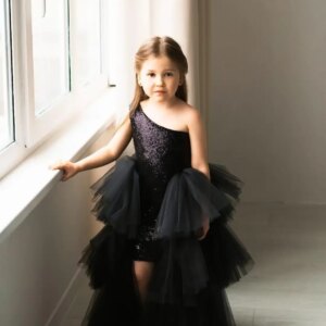 Low Flower Girl Dress for Wedding One Shoulder Sequin Pagent Dresses Girls Tulle Ball Gown Layered High princess dress