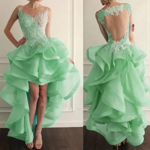 Fashion Sexy Prom Dress Sheer V-Neck Collar Cutouts Backless Sleeveless with Lace Appliques Ruffled Organza Evening Gowns