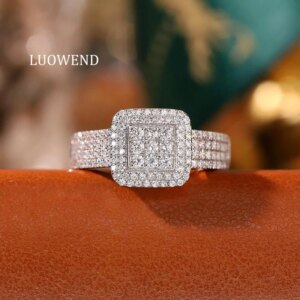 LUOWEND 100% 18K White Gold Rings Women 0.60carat Real Natural Diamond Engagement Ring Luxury Square Shape High Party Jewelry