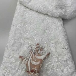 2025 New African French Nigerian High End Lace Fabric With Beads Sequins Mesh for Embroidery Wedding Party Bride Sewing Dress
