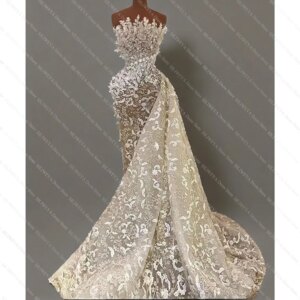 New Fashion Designer Mermaid Evening Dresses For Women Luxury Lace Appliques Beaded Pearls Sweep Train Organza Illusion Custom
