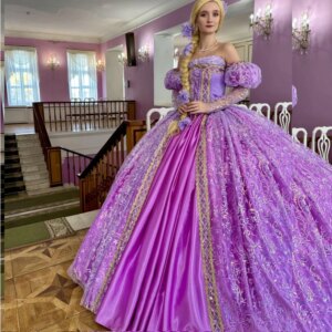 EVLAST Customized Purple Quinceanera Dress Off Shoulder Party Lace Applique Sweet 16 Dress Ball Gown Vestidos De 15 Anos SQ710