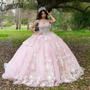Pink Beading Crystal Ruffles Bow Quinceanera Dresses Ball Gown Appliques Lace Sweet 15 Años Mexican Customized