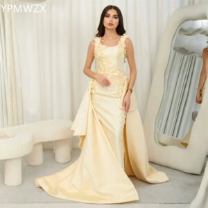 Customized Evening Dress Party Occasion Formal Women YPMWZX Square Collar Column Floor Length Skirts Applique 3D Flower Be