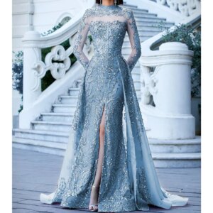 Gorgeous Evening Dresses High Neck Long Sleeve Beading Split Chapel Train Dress Formal Occasion Customized Gowns Vestidos