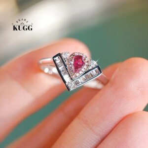 KUGG 100% 18K White Gold Rings Fashion V-Shaped Design Real Natural Pink Diamond Engagement Ring for Women High Wedding Jewelry