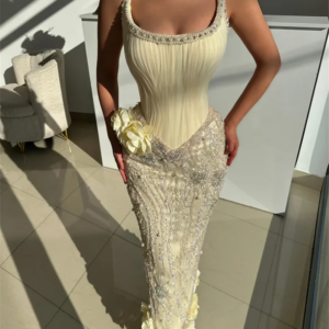 Glamorous Beads Square Collar Evening Dress for Women 3D Flower Tulle Vestido Fiesta Ceremony Customized فستان حفله