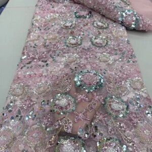 Nigerian French Sequins Lace Fabric Hot Sale Handmade 2023 Embroidered African Beaded Net Mesh Lace Fabric For Women Sewing