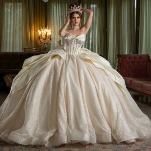 Light Champagne Princess Quinceanera Dresses Off Shoulder Beading Crystal Bow Tull Sweet 16 Dress Ball Gown Vestidos 15 Anos