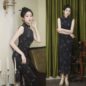 Retro National Style Improved Sleeveless Long Cheongsam Qi Pao Spring and Summer New Fashion Women’s Dress
