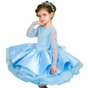 Blue Ball Gown Flower Girl Dresses Full Sleeves Sequined Vestido De Novia Cute Tutu Skirt Kids Party Pageant Dress