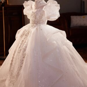 White Princess Girls Dresses Baby Wedding Performance Ball Gown for Children Luxury Flower Sequin Christmas Party Trailing Dress