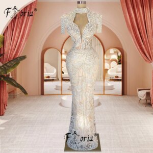 Elegant Full Pearls Beaded Mermaid Evening Dress Apricot Handmade Fringes Floor Length Lace Couture Prom Dress Robe De Soiree