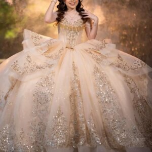 Customized Shiny champagne color Quinceanera Dress Off Shoulder sequin applique crystal ruffle Bow vestidos de 15 Quinceanera