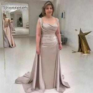 Elegant Champagne Long Mother Formal Dress Beaded Sheer Illusion Neck Straight Satin Wedding Party Dress Customized