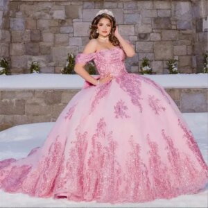 Customized Shiny Pink Quinceanera Dresses With Bow Beading Crystals Lace Vestidos De 15 Anos Birthday Party Princess