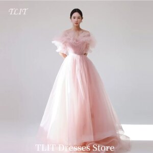 TLIT Light Pink Tulle Evening Dresses For Women Korea Wedding Party Elegant Off Shoulder Prom Gowns Customized Wedding Party