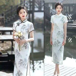 Old Shanghai Retro National Trend Style Young Girl’s Long Short Sleeve Jacquard Cheongsam Qi Pao Spring/Summer New Dress