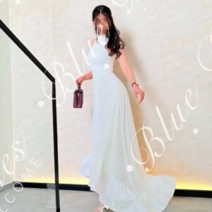 Customized Elegant Sleeveless Prom Dresses High Neck Ankle Length Pleated Party Dresses Evening Dresses