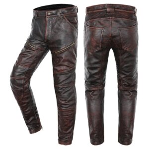 New Motorcycle Genuine Leather Pant Men’s Thick Cowhide Vintage Brown Trousers For Men High Quality Moto Biker Slim Pants
