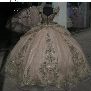 Shiny Gold Quinceanera Dresses Luxury Glittering Gold Lace Vestidos De 15 Anos Birthday Party Gown Customized