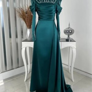 NB13 Customized Arabic Evening Dresses Long Sleeve High Neck Beads A Line Long Formal Occasion Dress Mother’s Wedding Party Gown