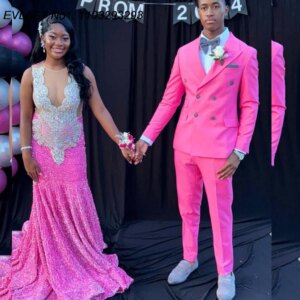 EVLAST Customized Sparkly Pink Sequins Mermaid Prom Dress Black Girl Silver Crystal Beaded Evening Birthday Party Gown TPD223