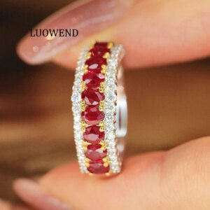 LUOWEND 100% 18K White Gold Rings Luxury Design Shiny Diamond Natural Ruby Engagement Ring for Women High Party Jewelry
