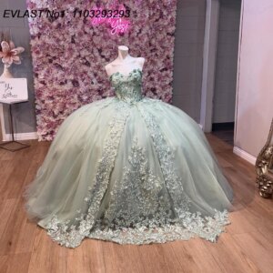 EVLAST Customized Glitter Sage Quinceanera Dress Ball Gown Lace Applique Beading Bow Corset Sweet 16 Vestido De 15 Anos E1Q448