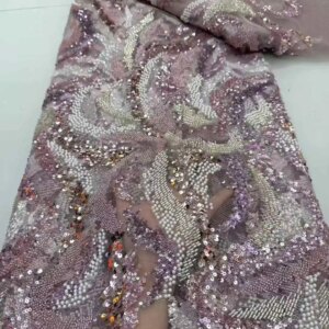 Wholesale African Beaded Lace Fabric French Bridal Sequins Lace Fabric 2025 Luxury Nigerian Tulle Lace Fabric Couture Materiel