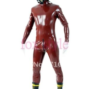 latex brown man catsuit with shoulder zip and cortch zip