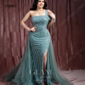 OIMG Modern Green Sleeveless Formal Evening Gowns Shiny Sequins Sexy Side Slit Pleated Party Dresses Long Vestidos De Fiesta