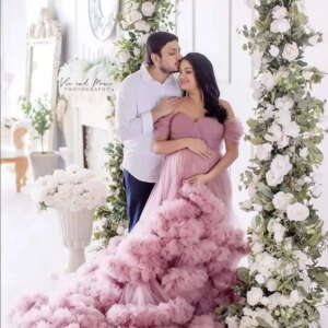 Elegant Off The Shoulder Maternity Gowns for Photo Shoot Sweetheart Neck Front Slit Photography Robe Baby Shower YEWEN YW21022