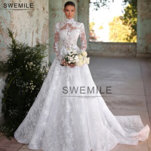 SWEMILE Customized Classic Vintage High Neck Lace Applique Wedding Dresses Cut Out Tulle Outdoor Bridal Gowns Bride Party Dress