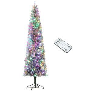 HOMCOM 9 ft PreLit Pencil Christmas Tree Artificial Christmas Tree with 310 Dual Color LED Lights and 895 Branch Tips Flocked X