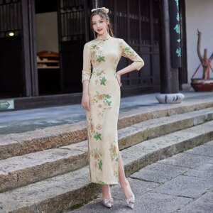 Long Single-Layer 3/4 Sleeve Daily Cheongsam New Improve Chinese Style Autumn and Winter Dress