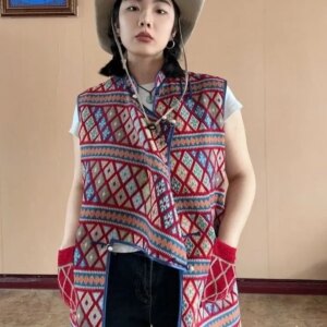 Heavy Industry Ethnic Style Plaid Vest All-Matching Sleeveless Tourism Knitted Outerwear Western