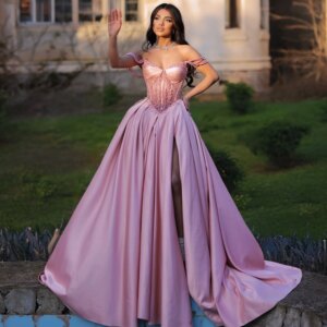 Rose Customized Evening Dresses Elegant A Line Pink Vestidos de Gala Sweetheart Off Shoulder Stain Plears Birthday Prom Gowns