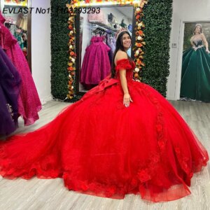 EVLAST Customized Shiny Red Quinceanera Dress Ball Gown Lace Applique Beading Corset Mexico Sweet 16 Vestido De 15 Anos E1Q216