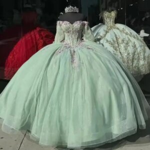 Customized Shiny Sage Green Quinceanera Dresses With Bow Crystal Pink Flower Lace Birthday Party Vestidos De 15 Anos