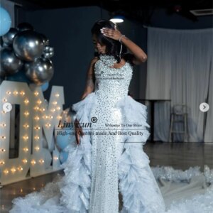 Fashion Ruffles Mermaid Prom Dress Formal Beaded Crystals African Evening Party Gown Customized Black Girls Robe De Soiree