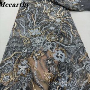 African Beads Lace Fabric 2025 High Quality Bead French Net Sequins Lace Embroider Nigerian For Sewing Woman Party Dress JY95465