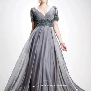 Elegant Gray Long Mother Of The Bride Dress Plus Size Evening Gowns Prom Dress Short Sleeves Customized Women Formal Party Gown