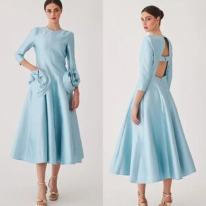 Evening Satin Flower Draped Pleat Graduation A-line O-Neck Bespoke Occasion Gown Midi Dresses Saudi Arabia
