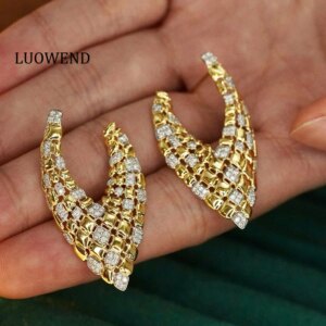 LUOWEND 18K Yellow Gold Earrings Fashion V-Shaped Design 0.80carat Real Natural Diamond Drop Earrings for Women Party Jewelry